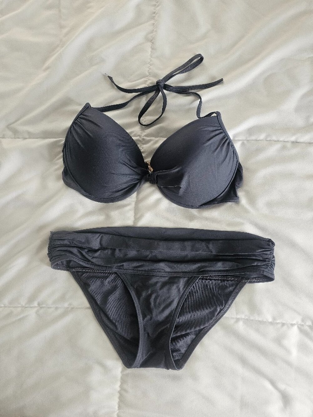 Victoria’s Secret Bikini Set 36D Small Gray Gold VS Hardware Halter Push Up
